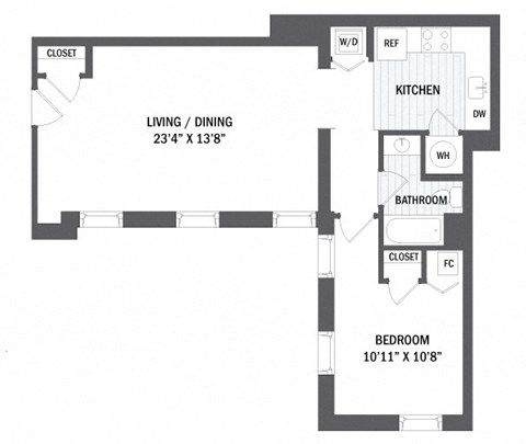 Floor plan for 1 bed, 1 bath, 694 sqft